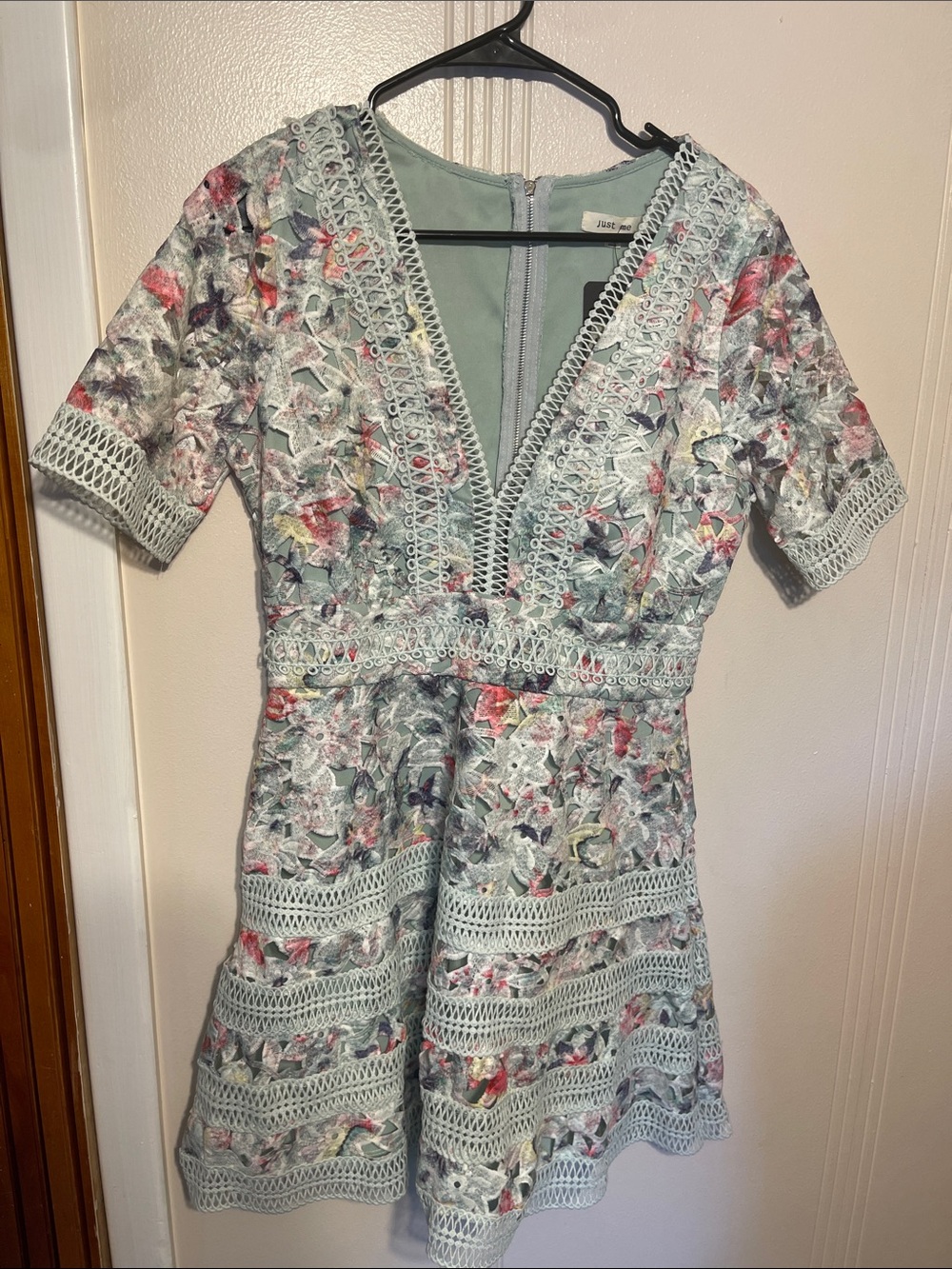 Just Me Mint Floral Lace V-Neck Mini Dress